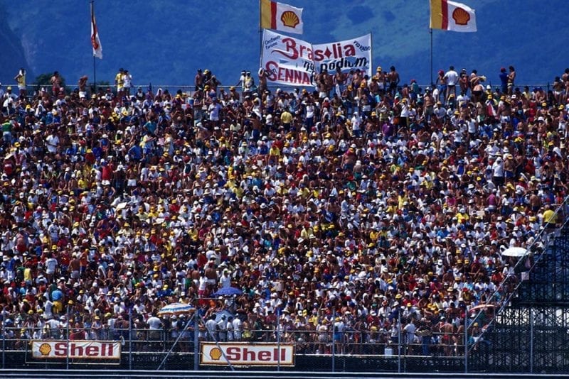 Fans crowd the stands at the Brazilian Grand Prix.