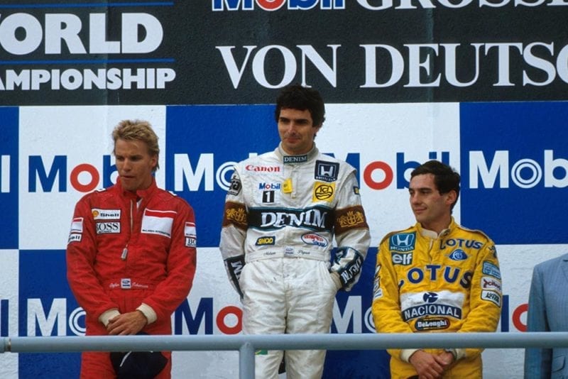 (L to R) 2nd place, Stefan Johansson, winner Nelson Piquet, 3rd place Ayrton Senna on the podium.