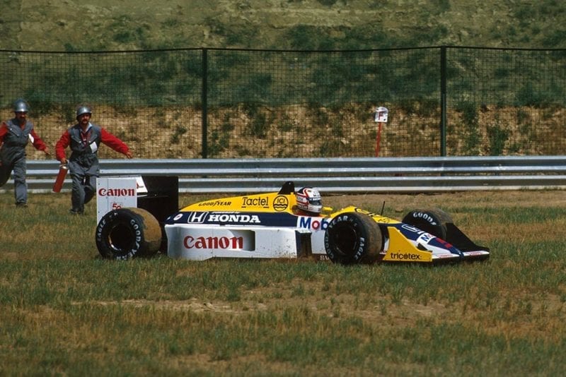 Nigel Mansell (Williams FW11B) retired from the lead of the race when the right rear wheel nut fell off on lap 70.