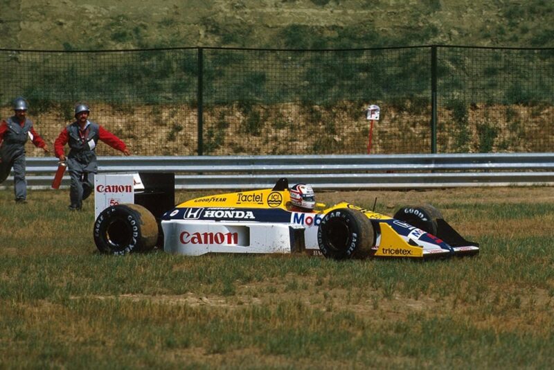 Nigel Mansell (Williams FW11B) retired from the lead of the race when the right rear wheel nut fell off on lap 70.