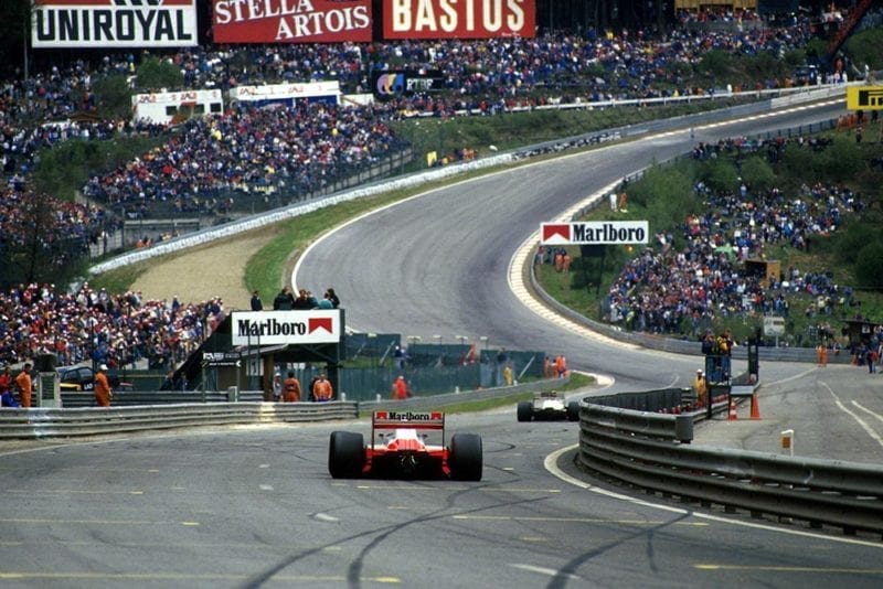 Alain Prost approaches Eau Rouge.