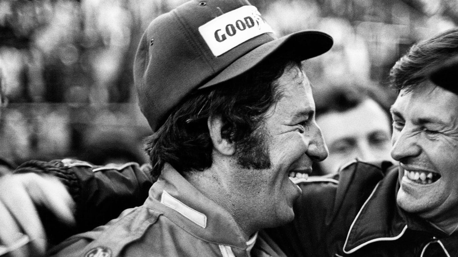 Mario Andretti, Tony Southgate, Lotus-Ford 77, Grand Prix of Japan, Fuji Speedway, 24 October 1976. Mario Andretti celebrating victory with Lotus engineer Tony Southgate who co-designed the Lotus 77 and Lotus 78 with Peter Wright. (Photo by Bernard Cahier/Getty Images)