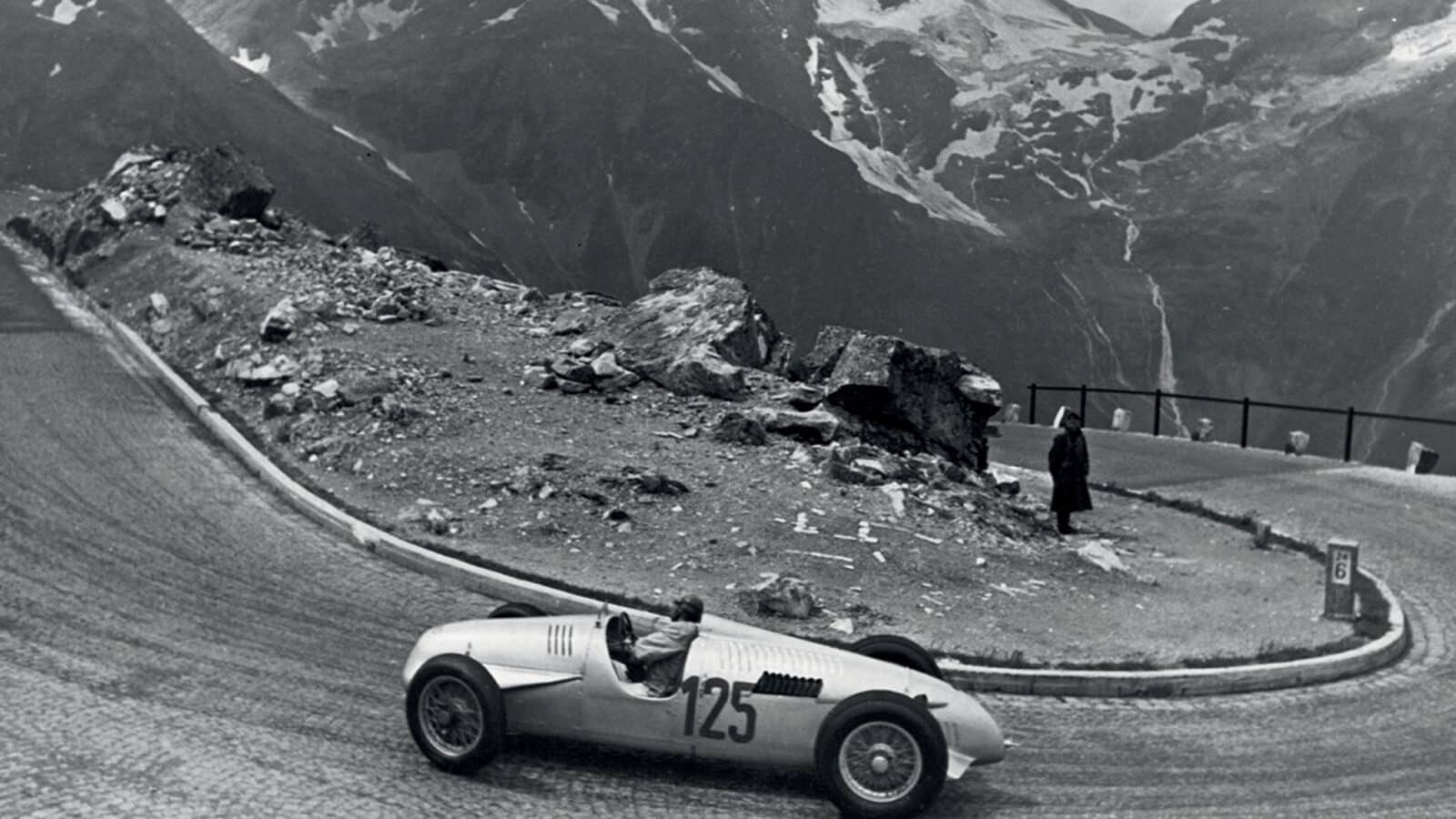 Auto Union C:D with Hermann-Paul Müller in on a hill climb at the Großglockner