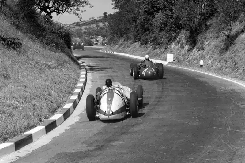 Tony Brooks, Vanwall, leads Jean Behra, Maserati 250F, and Masten Gregory, Maserati 250F, 1957 Pescara GP