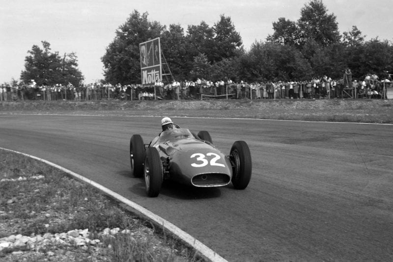 Jean Behra rounds the Curva Sud in his Maserati 250F, 1956 Italian Grand Prix, Monza.