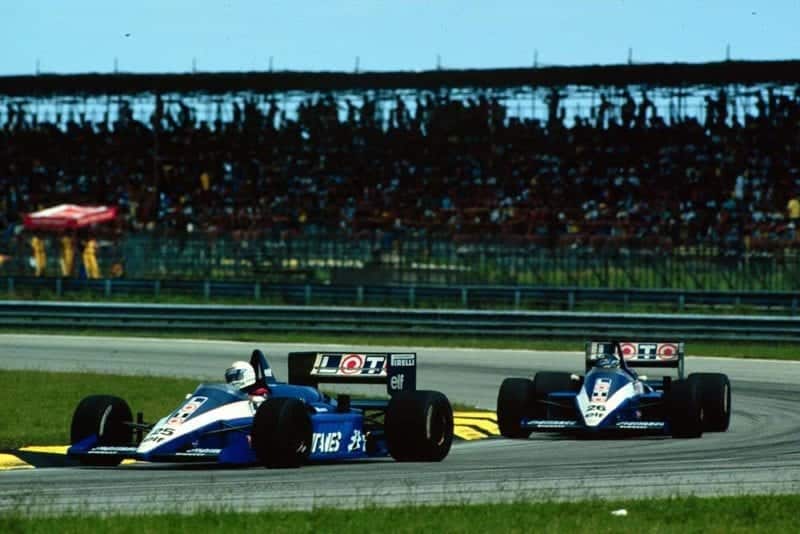 Rene Arnoux leads Ligier teamate Jacques Laffite.