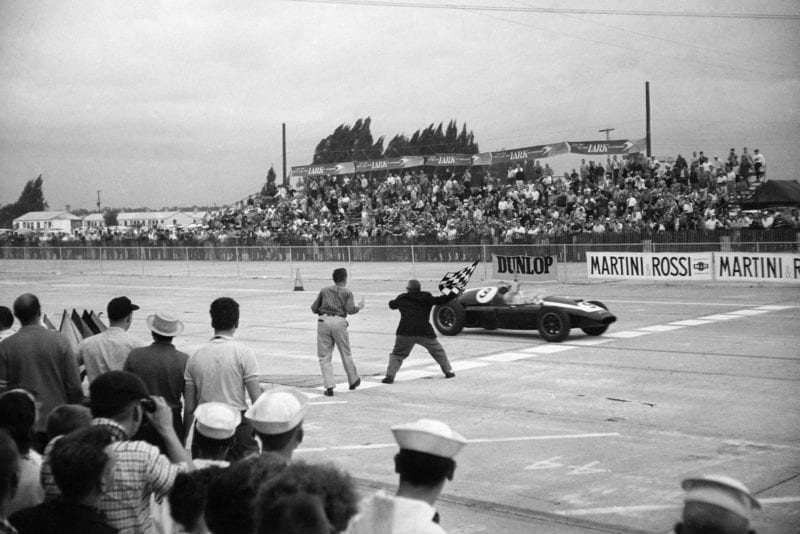 Bruce McLaren takes his first victory in the 1959 US Grand Prix at Sebring