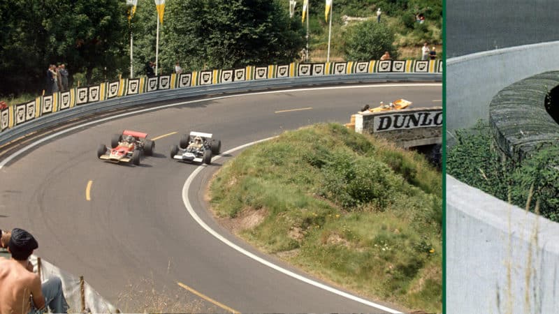 Cars round corner at bridge in 1970 French Grand Prix