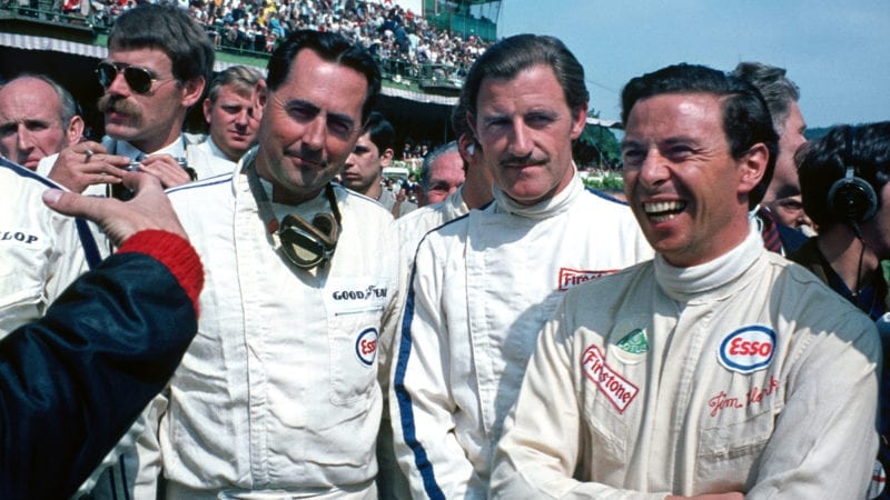 Jack Brabham (Brabham-Repco), Graham Hill () and Jim Clark (borh Lotus-Ford) before the 1967 Belgian Grand Prix in Spa-Francorchamps. Photo: Grand Prix Photo