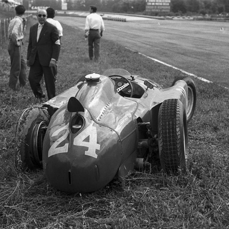 Crashed-Ferraro-D50-of-Eugenio-Castellotti-at-Monza-in-1956