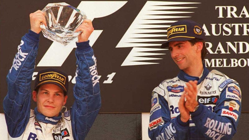 Damon Hill and Jacques Villeneuve on the podium after the 1996 Australian Grand Prix
