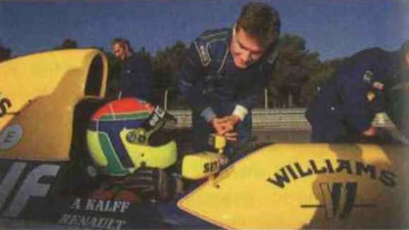 David Coulthard talks to Allard Kalff in cockpit of Williams FW15C F1 car