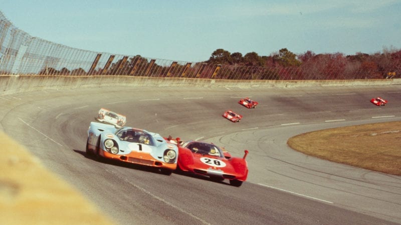 UNITED STATES - FEBRUARY 02: Daytona 24 Hour Race - 1970. Jo Siffert; Brian Redman drive their J.W Engineering Gulf Porsche 917 K against Mario Andretti; Arturo Merzario; Jacky Ickx in their Ferrari 512 S. (Photo by The Enthusiast Network via Getty Images/Getty Images)