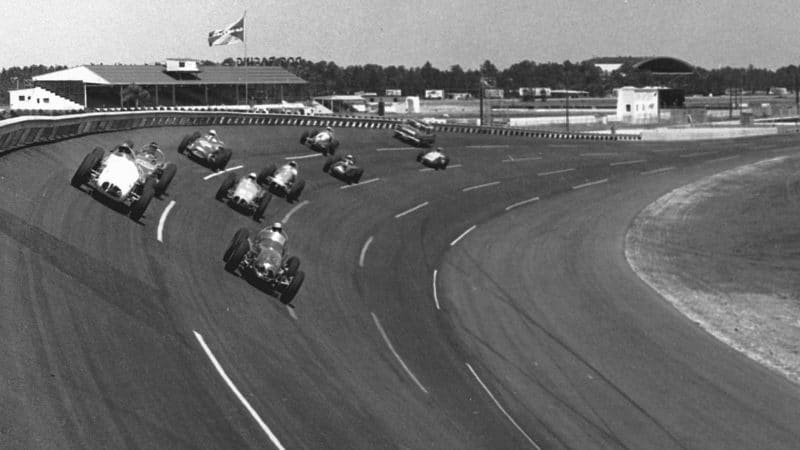 DAYTONA BEACH, FL - APRIL 4, 1959: Indy cars take to the high banks of Daytona International Speedway for testing. Jim Rathmann, 1958 Monza winner and 1960 Indianapolis 500 winner, won both races this day. (Photo by ISC Archives/CQ-Roll Call Group via Getty Images)