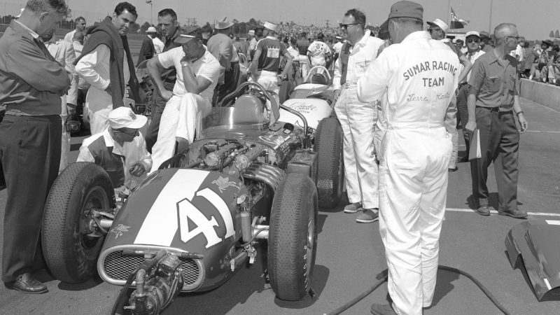 DAYTONA BEACH, FL - APRIL 4, 1959: Dick Rathman’s pole-winning car is prepped on pit road for the start of the Daytona 100 USAC Indy Car race at Daytona International Speedway. Rathman went on to finish fifth in the event. (Photo by ISC Images & Archives via Getty Images)