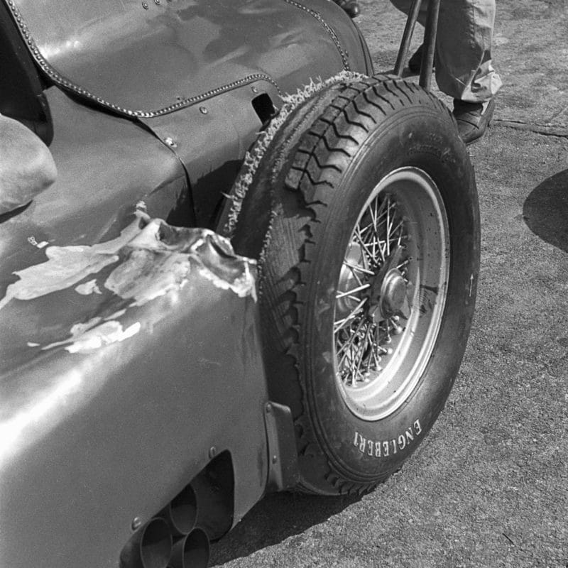 Disintegrated-tyre-tread-on-the-Ferrari-D50-of-Luigi-Musso-in-the-1956-Italian-GP