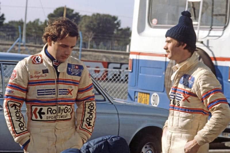 Elio de Angelis with Nigel Mansell during testing at Paul Ricard in 1981
