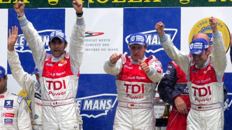 Emanuele Pirro, Frank Biela and Marco Werner on the Le Mans podium