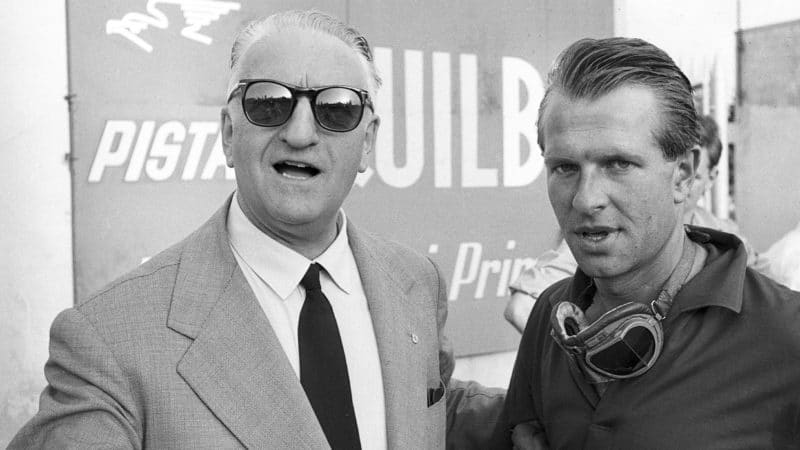 Enzo Ferrari, Peter Collins, Grand Prix of Italy, Monza, 02 September 1956. Enzo Ferrari and Peter Collins. (Photo by Bernard Cahier/Getty Images)