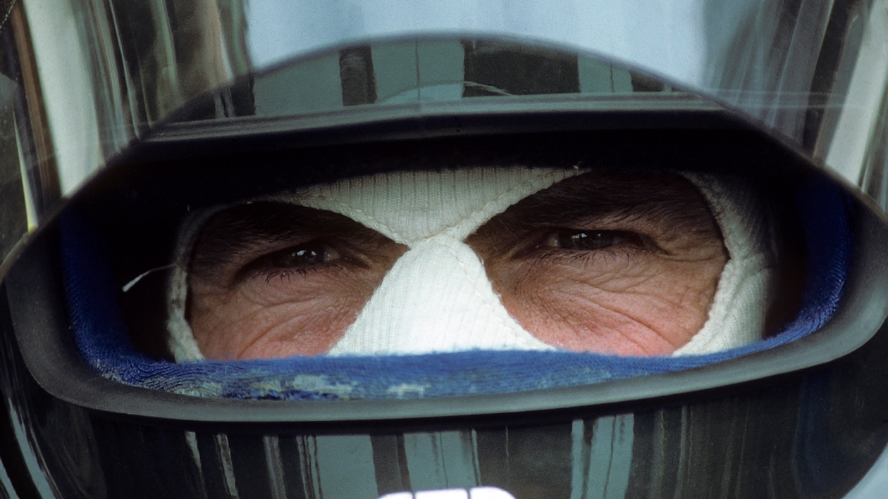 Eyes of Jacques Laffite look out from F1 helmet