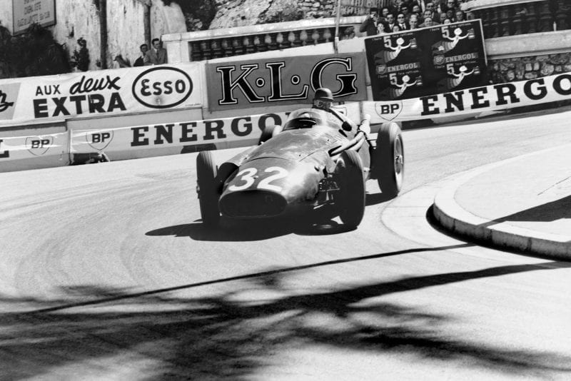 Juan Manuel Mangio rounds the Loews Hairpin at the 1957 Monaco Grand Prix.