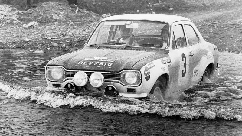 Ford Escort of Roger Clark and Jim Porter fords a river in the 1969 San Remo Rally