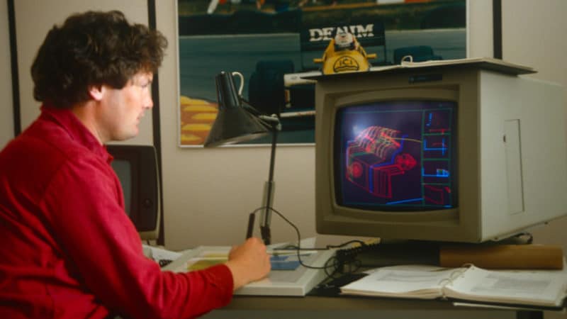 Frank Dernie designing F1 car on a computer at Williams in 1987
