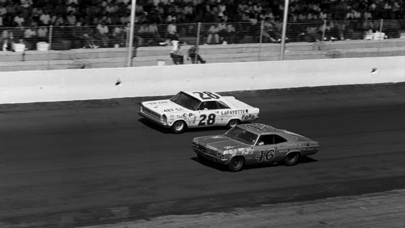 Freddie-Lorenzen-28-side-by-side at Daytona 500 with-Roy-Mayne-in-65