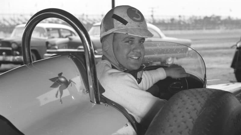 DAYTONA BEACH, FL - MARCH 29, 1959: George Amick of Vernonia, CA, ran his final race in the Daytona 100 USAC Indy Car event at Daytona International Speedway. Although he crashed on the final lap, Amick was still credited with a fourth-place finish. (Photo by ISC Images & Archives via Getty Images)