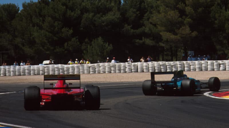 Race winner Alain Prost chases Ivan Capelli French GP