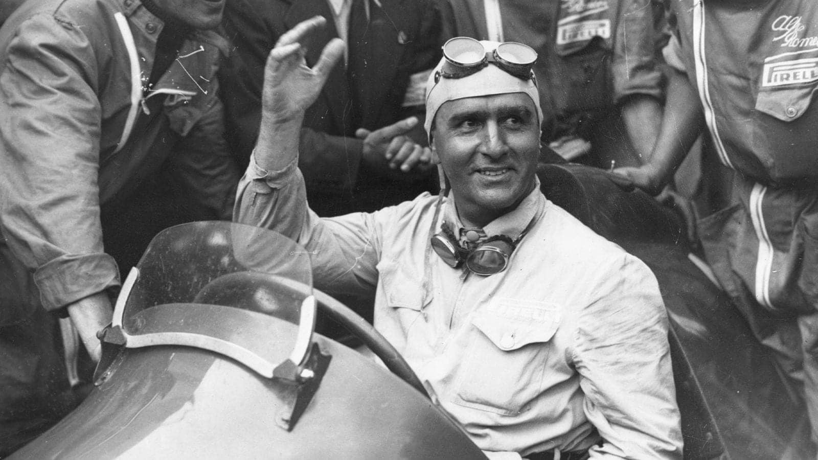Giuseppe Farina surrounded by crowds after winning the 1950 International Trophy Race at Silverstone