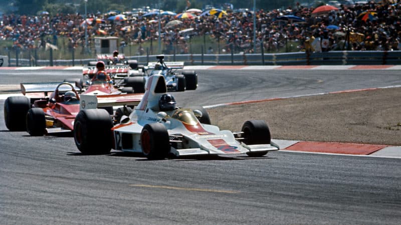 Graham Hill in Shadow Ford leads Arturo Merzario and Niki Lauda at 1973 French GP