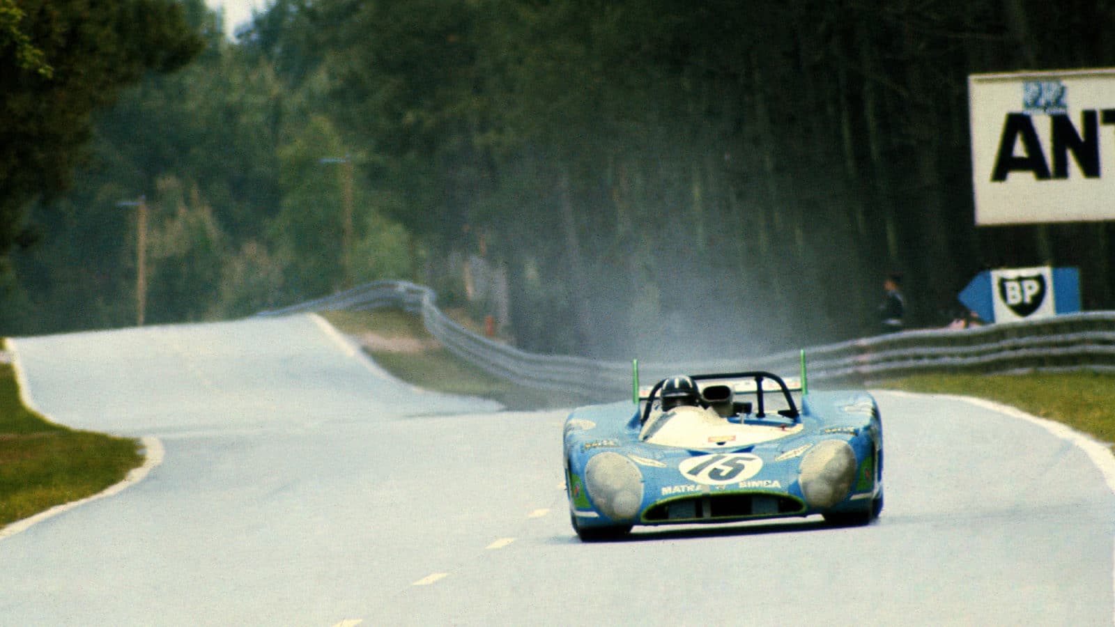 Graham Hill on the Mulsanne Straight in the 1972 Le Mans winning Matra Simca