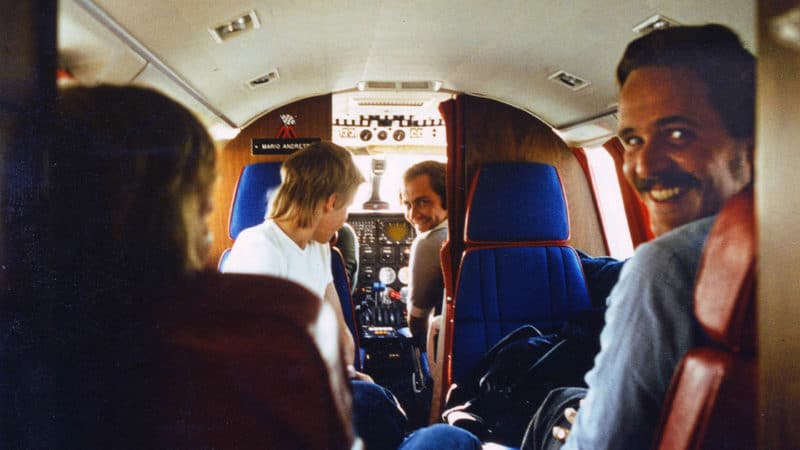 Gunnar-Nilsson-aboard-Mario-Andretti's-private-jet