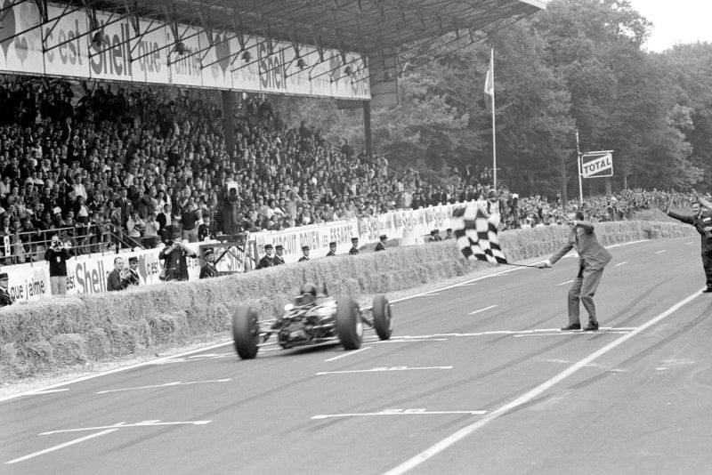 Dan Gurney takes the chequered flag in his Brabham.
