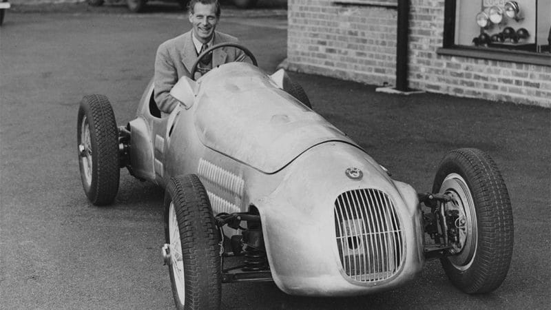 John Heath (1914 - 1956), co-owner of racing car constructor, Hersham and Walton Motors (HWM), at the wheel of the company's latest, Alta-engined, Formula Two car, 23rd February 1951. (Photo by Keystone/Hulton Archive/Getty Images)
