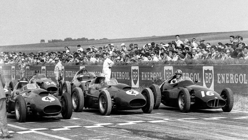 Mike Hawthorn, Luigi Musso, Harry Schell, Ferrari Dino 246, BRM P25, Grand Prix of France, Reims, 06 July 1958. (Photo by Bernard Cahier/Getty Images)