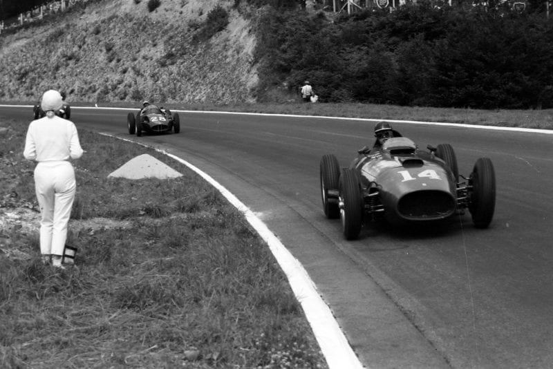 Mike Hawthorn, Ferrari D50, leads Herbert MacKay-Fraser, BRM P25, 1957 French GP, Rouen.