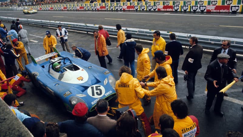 Henri Pescarolo in the pits at the 1972 Le Mans 24 Hours in the race winning Matra Simca