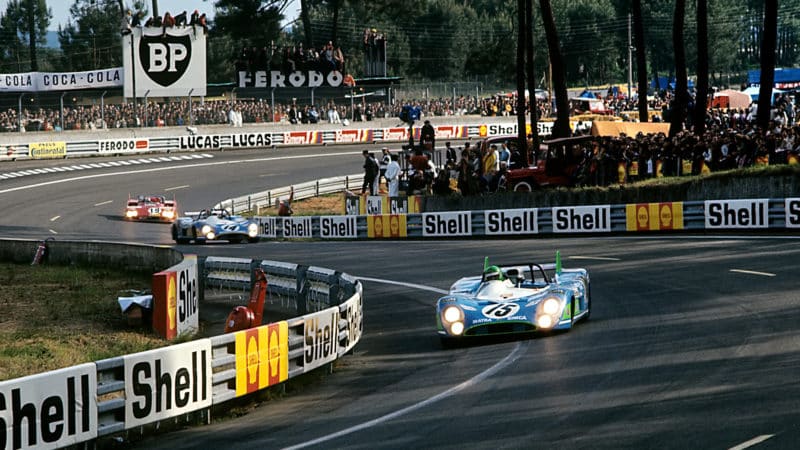 Henri Pescarolo in the Porsche Curves at the 1972 Le Mans 24 Hours