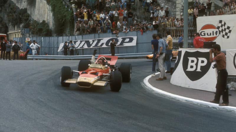 Lotus-Ford driver Graham Hill celebrates his win in the 1969 Monaco Grand Prix. Photo: Grand Prix Photo