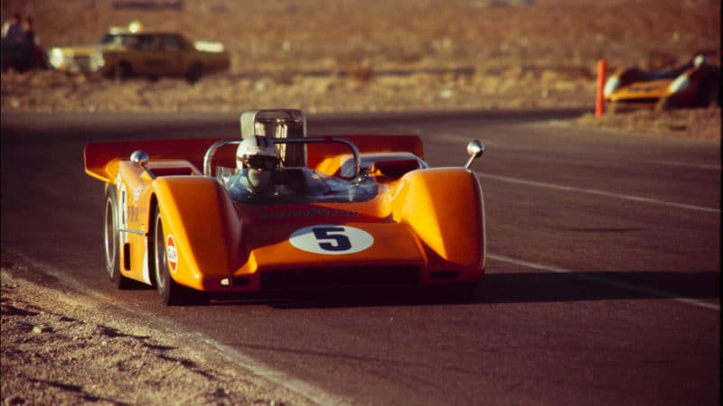UNITED STATES - NOVEMBER 15: 1968 Stardust Can-Am Race. Race winner Denny Hulme of McLaren Racing drives his Chevrolet powered Gulf-Mclaren M8A. (Photo by /The Enthusiast Network via Getty Images/Getty Images)