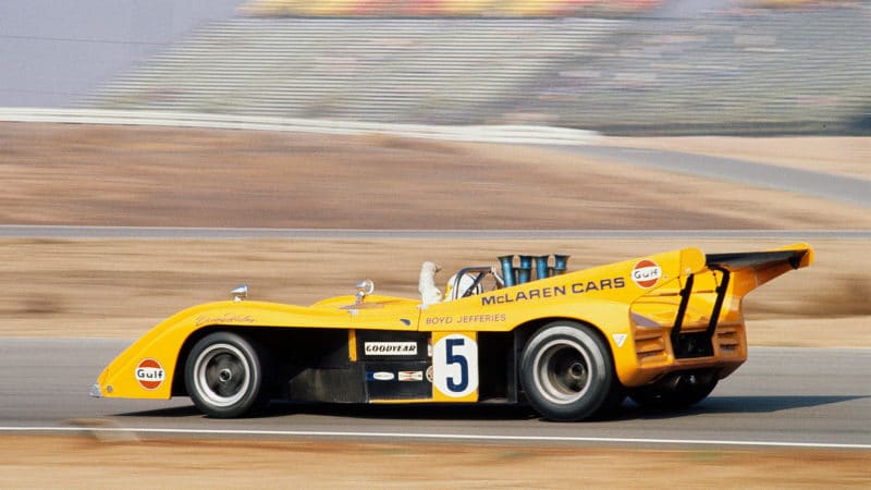 UNITED STATES - NOVEMBER 02: 1972 Times Grand Prix - Riverside - Can-Am. Denny Hulme of McLaren Motor Racing drives his Chevrolet powered Gulf-McLaren M20. (Photo by Pat Brollier/The Enthusiast Network via Getty Images/Getty Images)