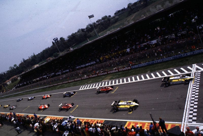 The Renault pairing of Rene Arnoux and Alain Prost fill the front row at Imola in front of the Ferrari's and eventual 1-2 finishers Didier Pironi and Gilles Villeneuve.