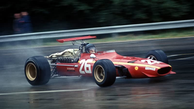 Jacky Ickx, Ferrari 312, Grand Prix of France, Rouen-Les-Essarts, 07 July 1968. Jacky Ickx in the rain on the way to his first ever Forrmula One win in the 1968 French Grand Prix. (Photo by Bernard Cahier/Getty Images)