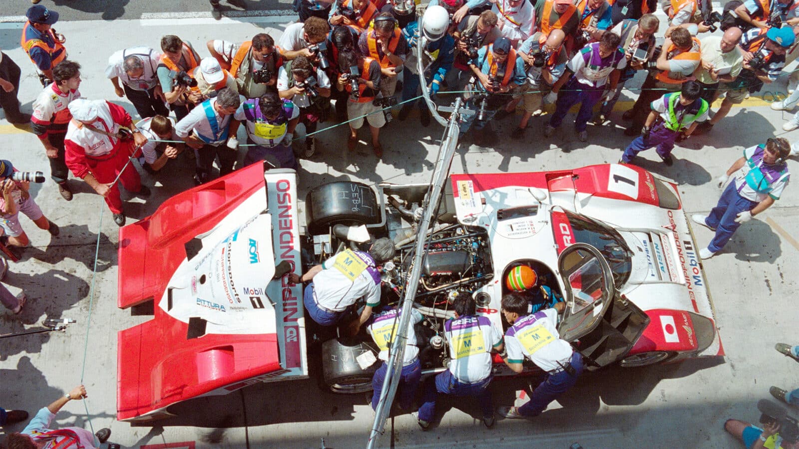 Eddie Irvine and SARD Toyota in the pits at 1994 Le Mans 24 Hours