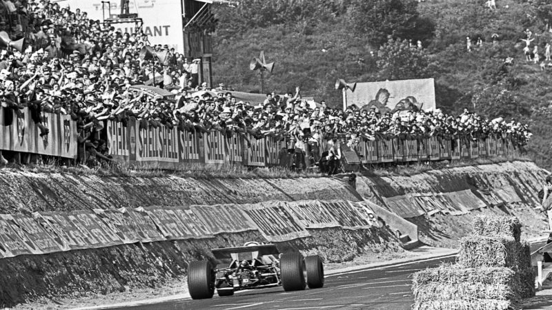 Jackie Stewart crosses the line to win the 1969 French Grand Prix