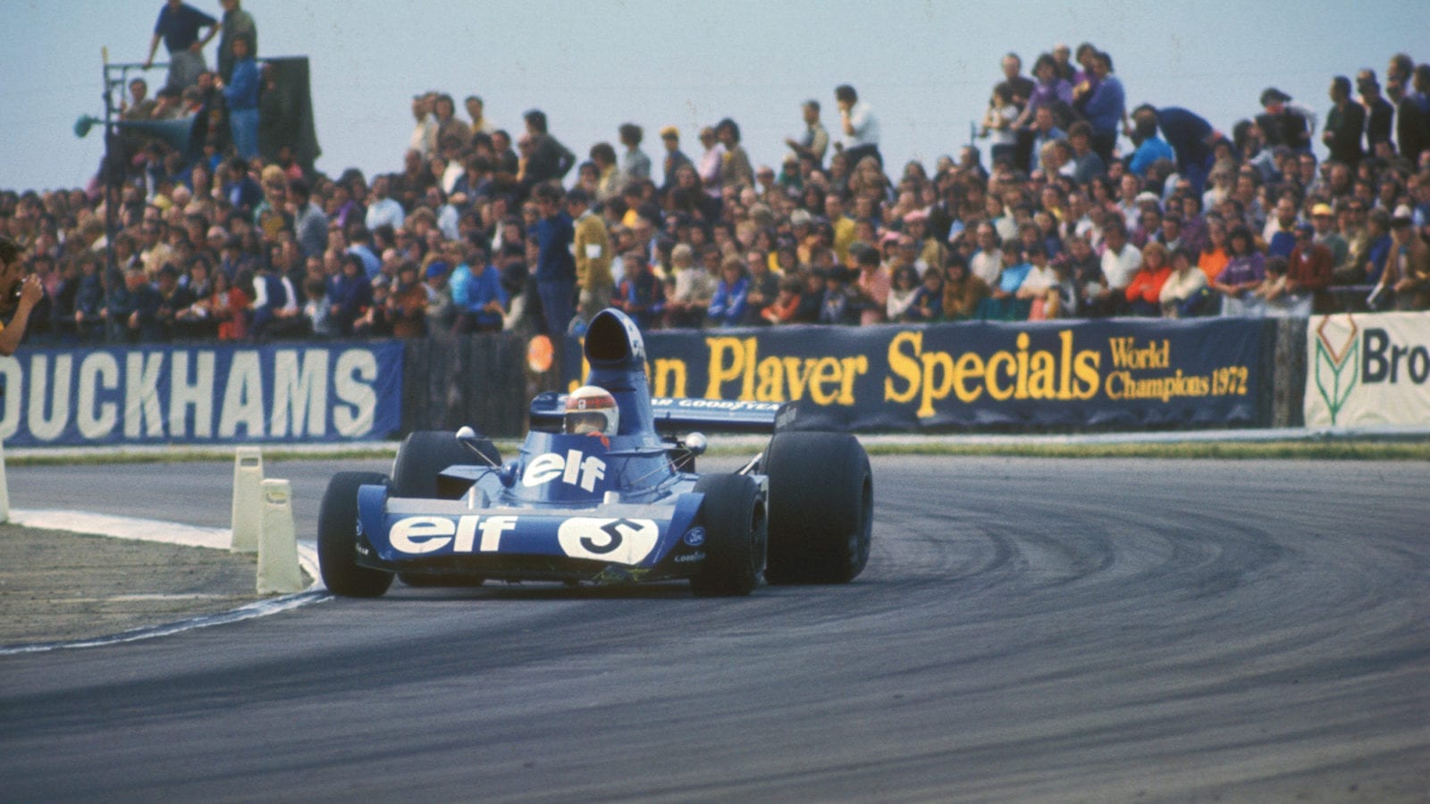 Jackie Stewart in his Tyrrell Ford during the 1973 British Grand Prix at Silverstone