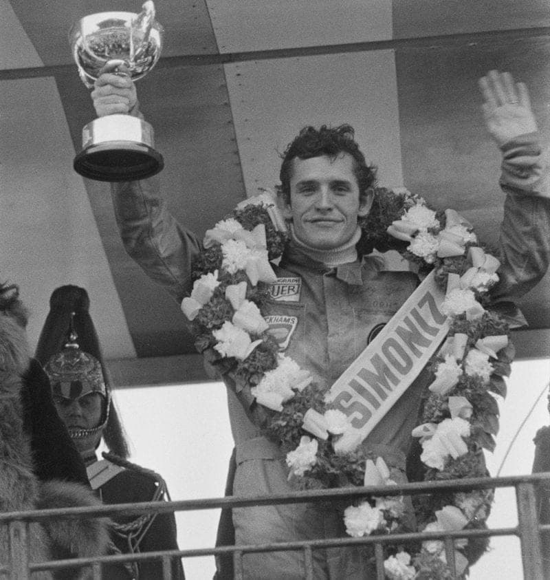 Jacky Ickx holding the winning trophy from the 1974 Race of Champions at Brands Hatch