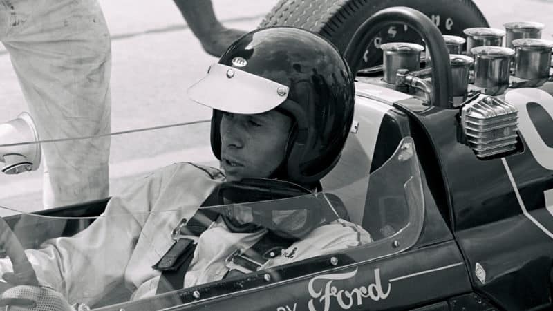 UNITED STATES - JUNE 03: 1963 Indianapolis 500. Lotus driver Jim Clark sits in his Ford powered Lotus 29. Clark will go on to finish the race in second place, Clark will also go to win his first Formula One World Championship later in the year in a Lotus. (Photo by Bob D'Olivo/The Enthusiast Network via Getty Images/Getty Images)